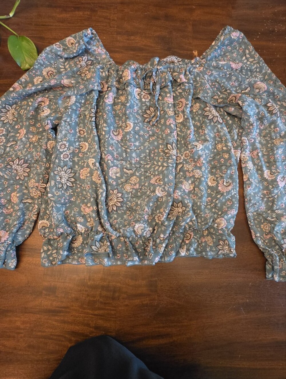 DR2 by Daniel Rainn Blue Floral Smocked Peasant Blouse Top - Size Large